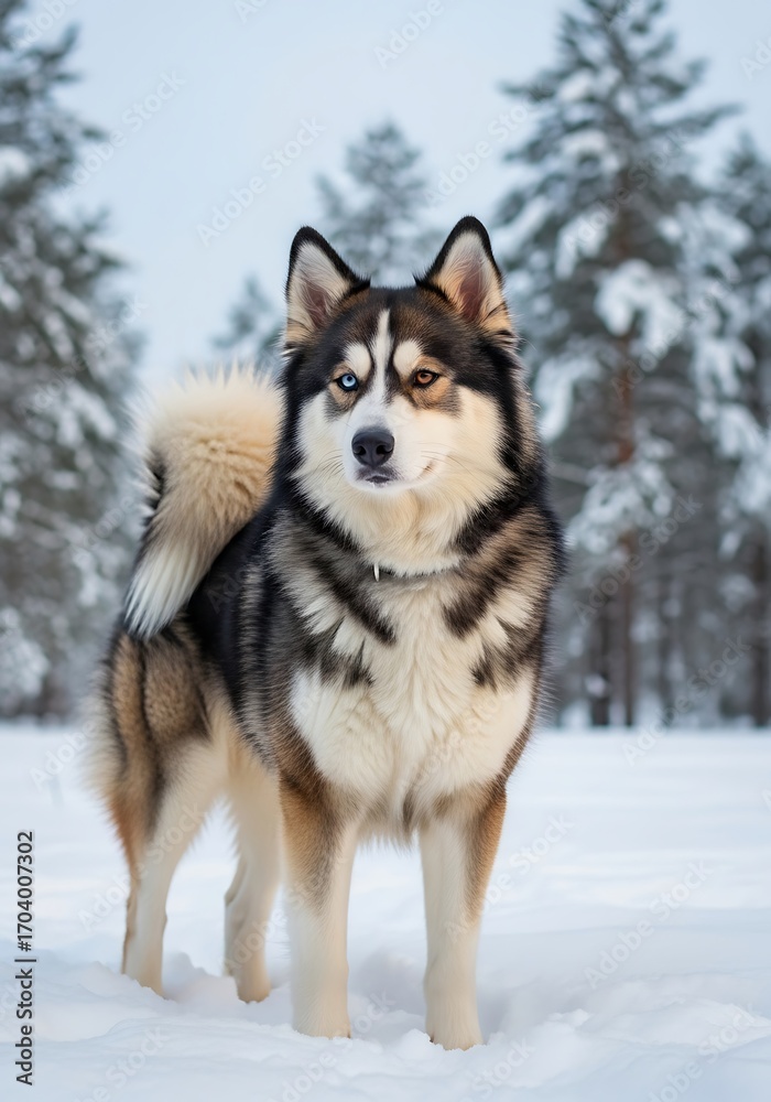 Naklejka premium Majestic husky standing proudly amidst the winter forest landscape