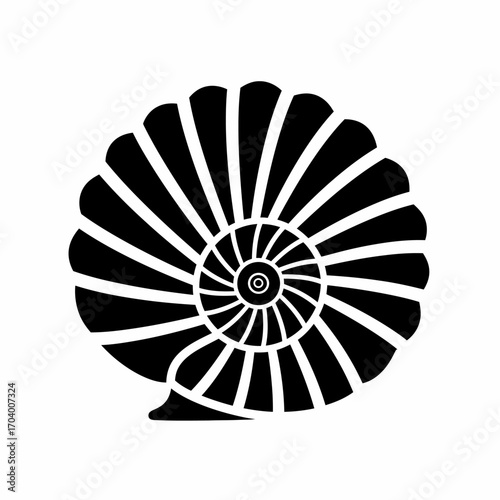 Black and white silhouette of an ammonite fossil shell, a simple graphic icon representing nature and science