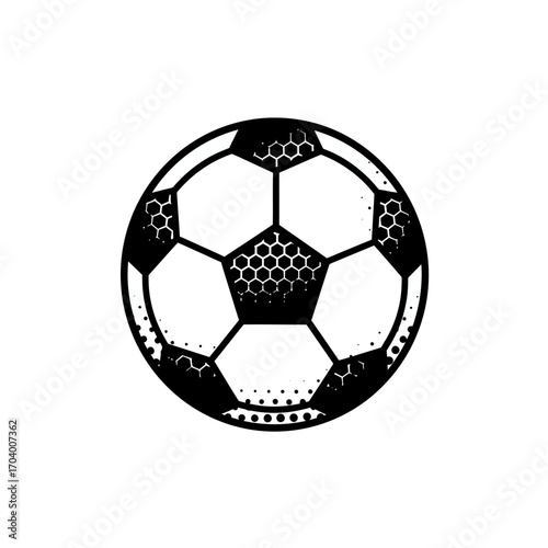 Black and white illustration of a soccer ball with hexagonal and pentagonal panels, representing sports and games