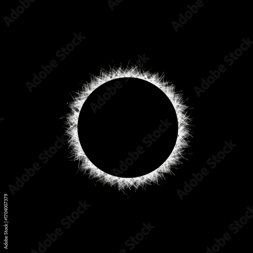 Dramatic depiction of a total solar eclipse with a bright, spiky corona against a dark, cosmic background, symbolizing mystery and power, an awe-inspiring celestial event
