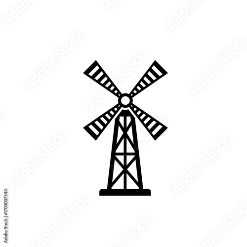 Simple black silhouette icon of a classic windmill. A vector graphic illustration symbolizing farming, rural heritage, and renewable wind energy
