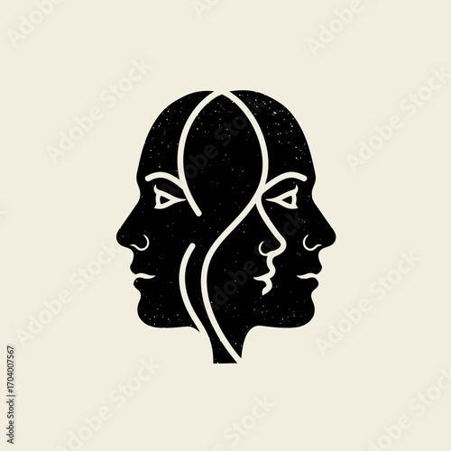 Two heads facing each other in profile, symbolizing duality and interconnectedness through flowing lines