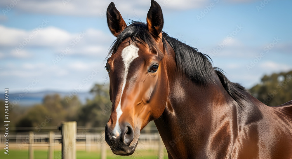 Obraz premium Majestic brown horse portrait with a white blaze in natural sunlight outdoor farm setting