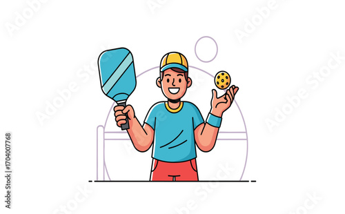 Happy young man playing pickleball with paddle and ball in hand