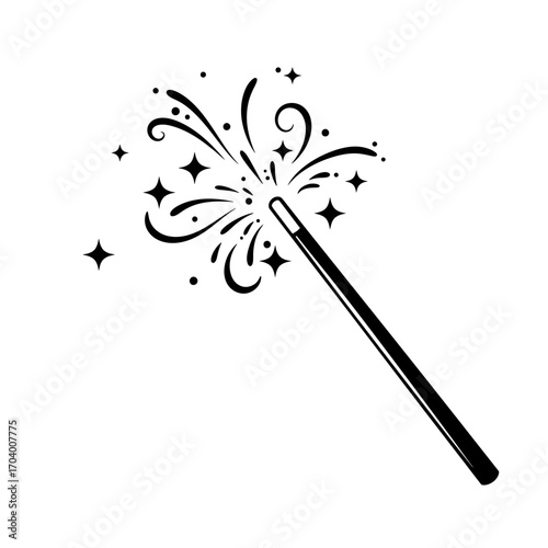 A simple black and white illustration of a magic wand with sparkling stars and bursts of light, symbolizing enchantment and fantasy