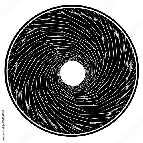 Abstract swirling black and white pattern resembling an aperture or vortex with radial lines in a circle