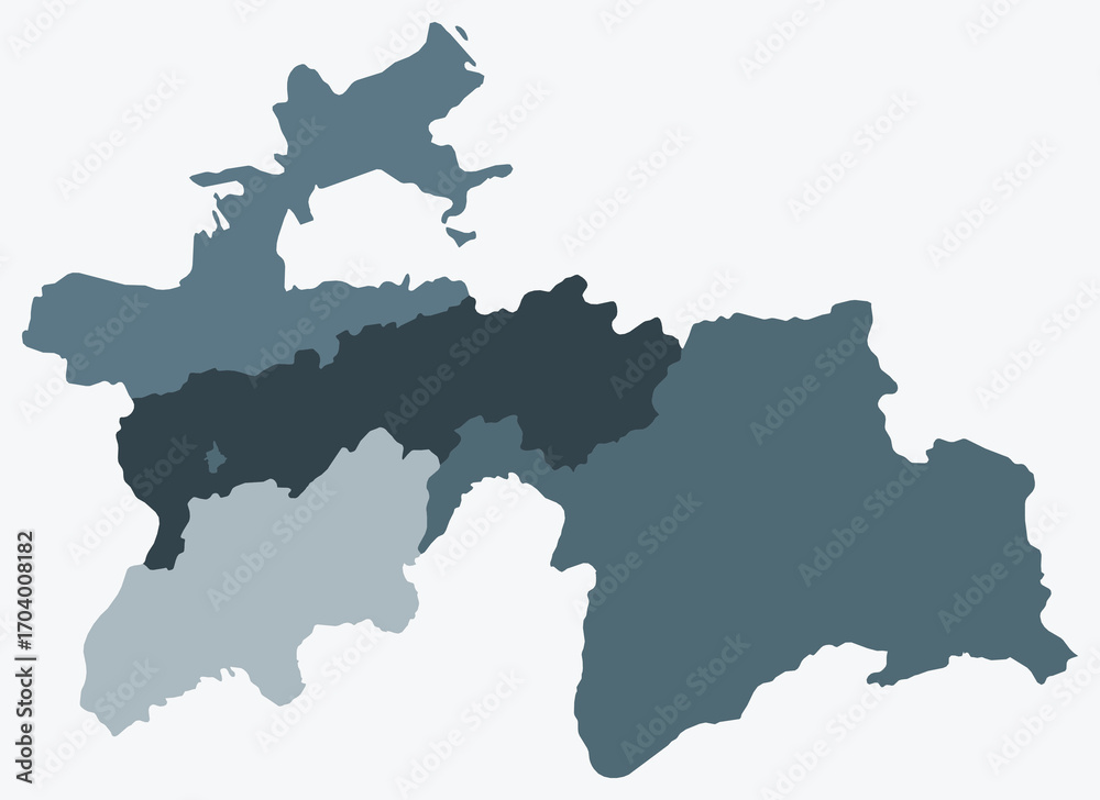 Naklejka premium Map of Tajikistan with regions. Just a simple country border map with region division. Blue grey color palette. Blank Tajikistan shape with administrative division. Vector illustration.