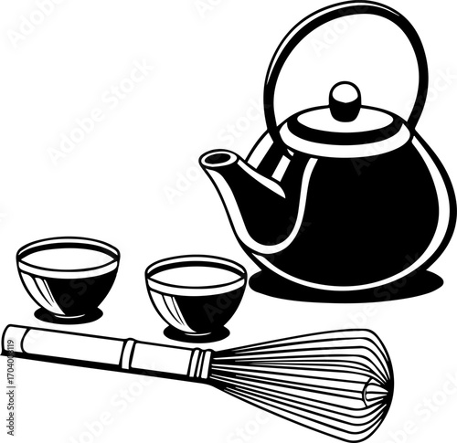 Traditional Tea Set with Bamboo Whisk Silhouette Line Art Illustration