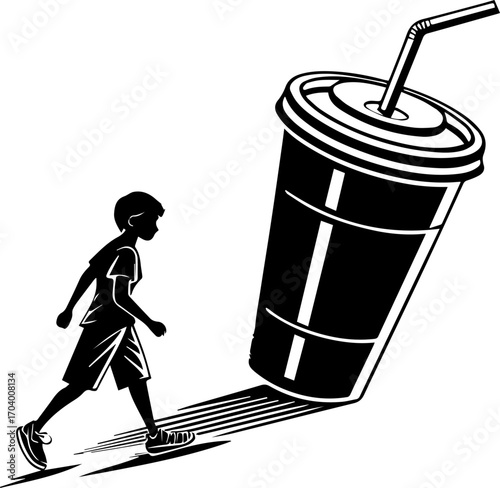 Person Walking Toward Giant Drink Cup Silhouette Line Art Illustration