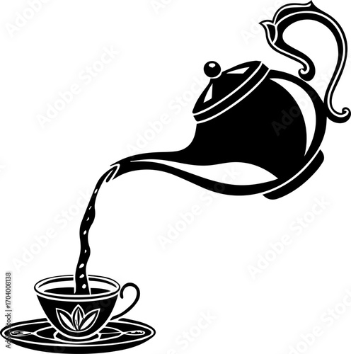 Teapot Pouring into Teacup Silhouette Line Art Illustration