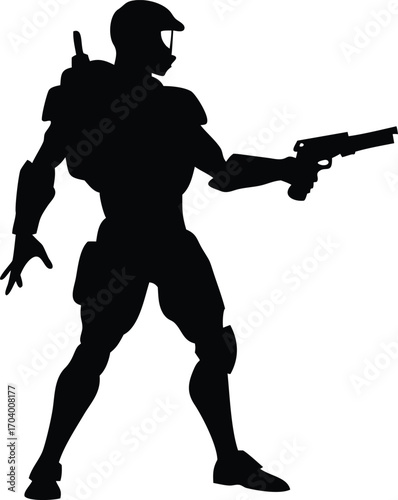 Futuristic Soldier Silhouette with Gun in Exoskeleton Armor and Tactical Helmet Vector Icon on White Background