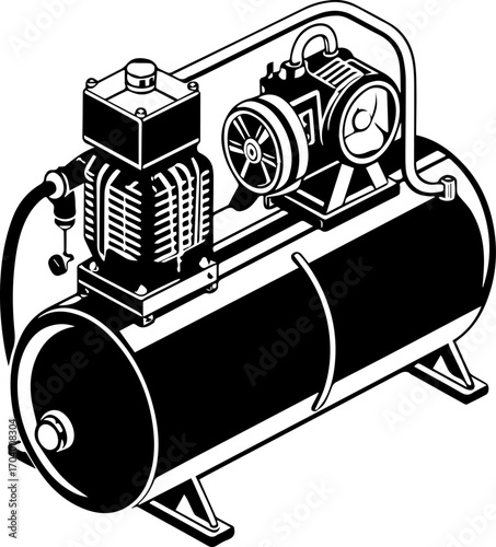 Retro Air Compressor Black and White Illustration