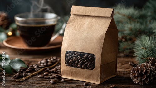 Coffee bag with roasted beans, steaming cup