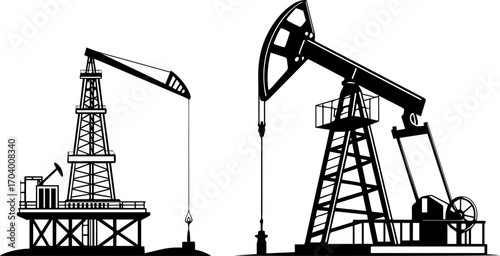 Oil Rigs and Pump Jacks Black and White Illustration