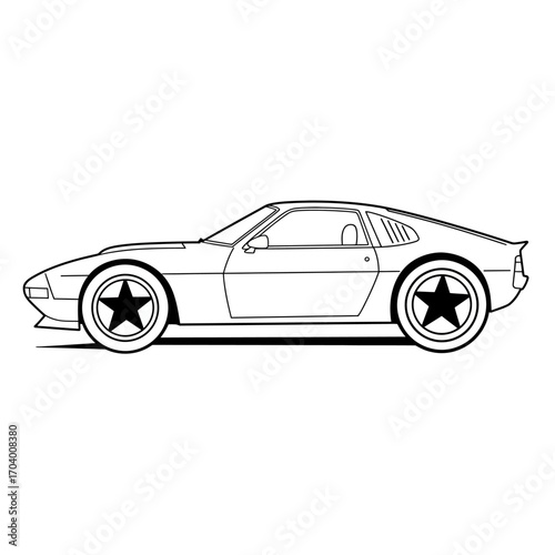 Vintage American-style muscle car outline illustration in a side profile view. Retro automobile graphic with star rims, isolated on a white background