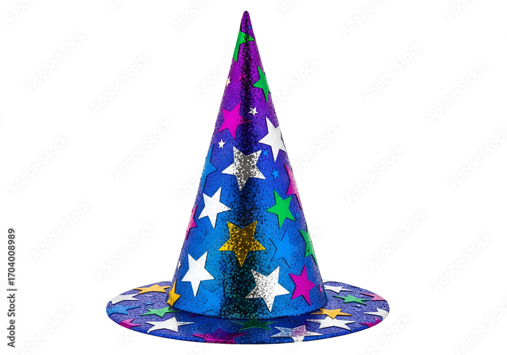 Fototapeta premium A vibrant blue wizard's hat, adorned with colorful stars, is presented against a black backdrop.