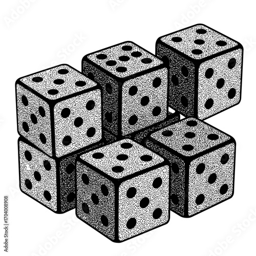 A black and white vintage illustration of six stacked dice representing concepts of chance, luck, and probability in gaming