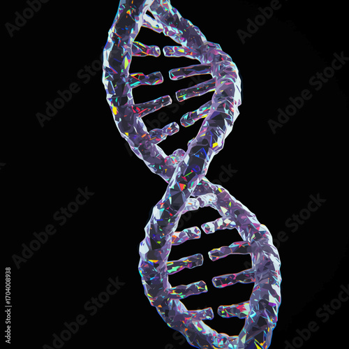 Abstract 3D rendering of a shimmering, crystalline DNA double helix, representing the molecule of life and genetic science