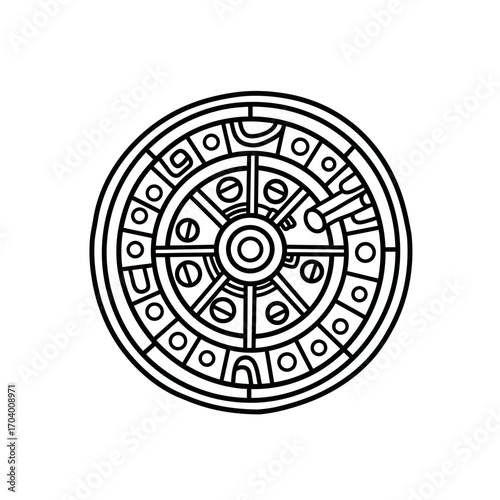 Detailed line art of a mysterious circular steampunk mechanism or fantasy vault door. An intricate illustration representing technology, security, and cryptic secrets