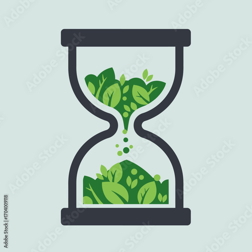Conceptual illustration of an hourglass with green leaves instead of sand, representing the urgency of environmental conservation and the finite nature of our planet's resources