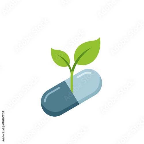 Illustration of a medicinal capsule with a green sprout, a symbol for natural pharmacy, homeopathy, and organic healthcare
