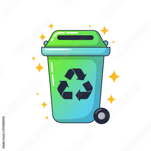 Sparkling cartoon illustration of a green and blue wheeled recycling bin with the universal logo, a vector icon for environmental conservation and waste management