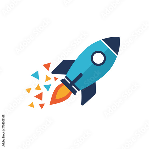 Stylized rocket ship icon blasting off, symbolizing a new business startup launch, innovation, and rapid growth