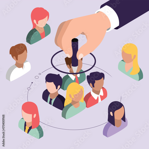 Isometric illustration showing a hand selecting a person from a group of diverse individuals for a job