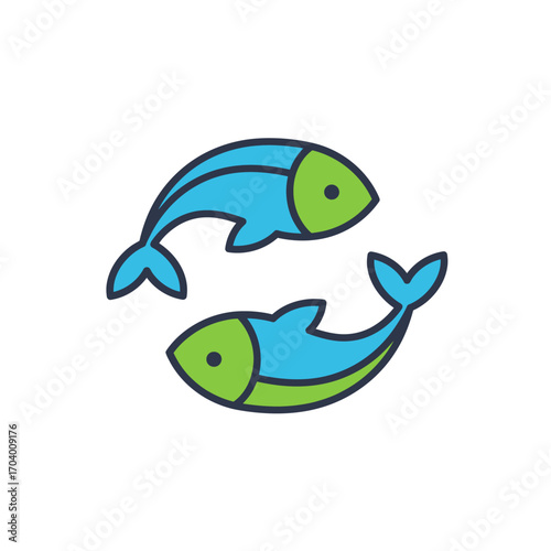 Minimalist flat icon representing the Pisces zodiac sign. An astrological horoscope concept with two colorful fish swimming in a circle