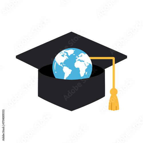 A symbol of global education and international achievement featuring a world globe inside a black graduation cap with a tassel, representing worldwide learning