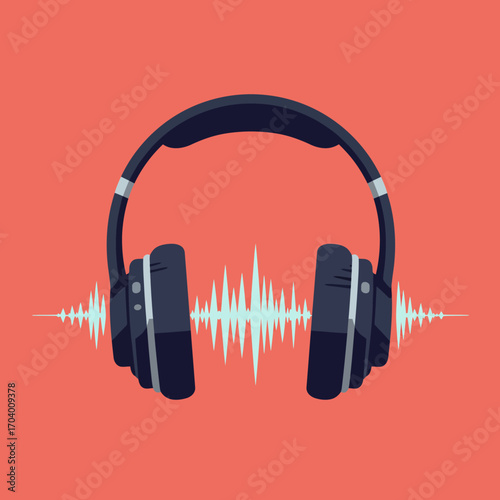 Vector illustration of over-ear headphones with a vibrant audio sound wave graphic, symbolizing the concept of listening to music, podcasts, and digital media entertainment