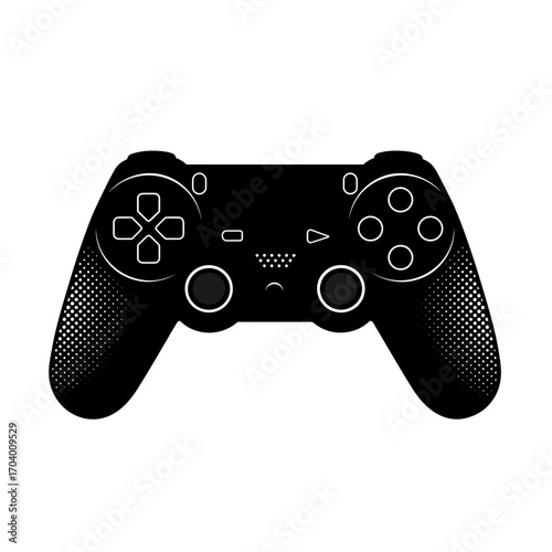 Stylized black and white illustration of a modern video game controller. Gamepad or joystick icon for gaming, esports, and digital entertainment concepts