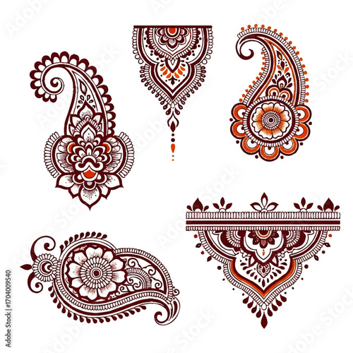 A collection of intricate henna tattoo designs featuring paisley and floral motifs in brown and orange.