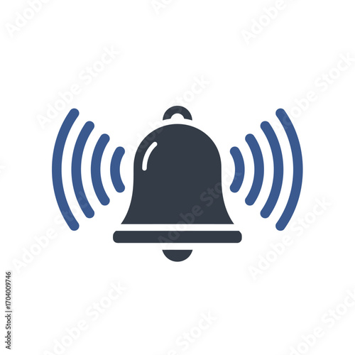 Simple ringing bell icon with sound waves, representing a notification, alarm, or alert. Flat vector graphic design element isolated on white background
