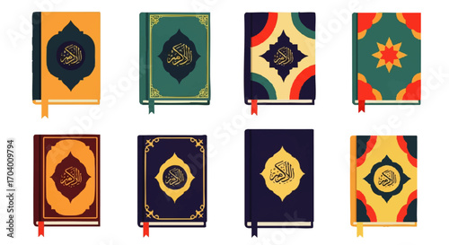A colorful collection of illustrated Holy Quran books with ornate Islamic cover designs and Arabic calligraphy.