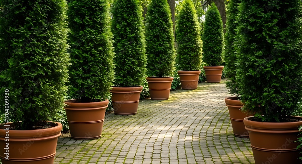 Fototapeta premium Terracotta Pots Line Brick Path with Evergreen Trees.