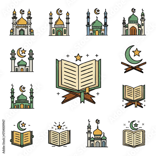 A colorful collection of Islamic icons featuring mosques and the holy Quran in a modern line art style.
