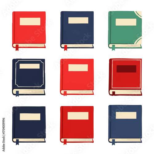 A colorful collection of nine hand-drawn hardcover books in red, blue, and teal, each with a blank label and bookmark.