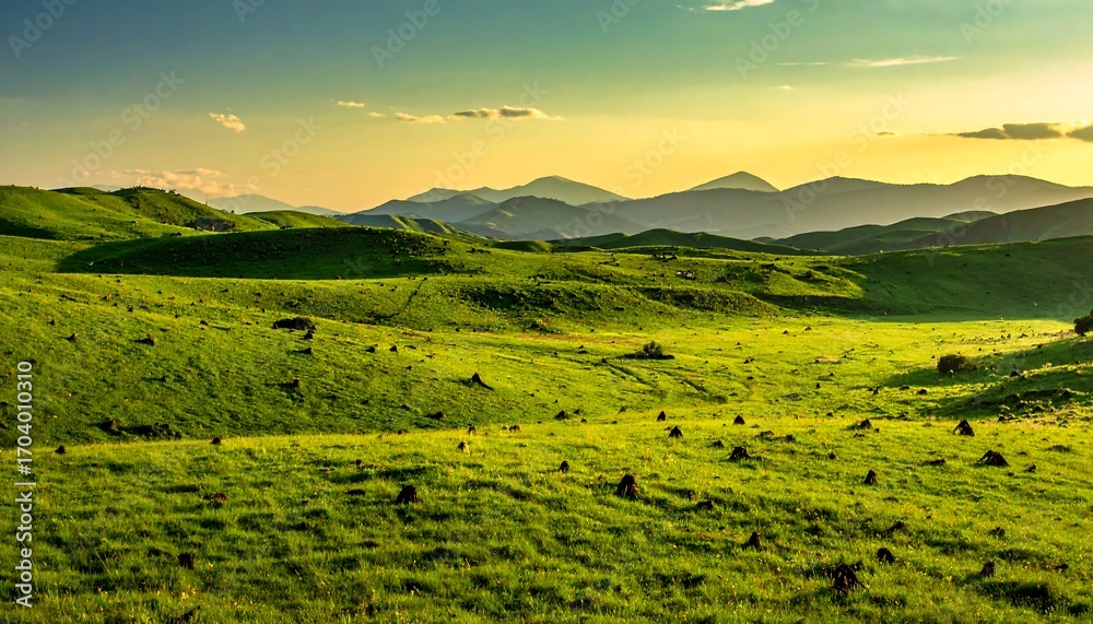 Obraz premium Lush Green Hills Bathed in Golden Sunset Light.