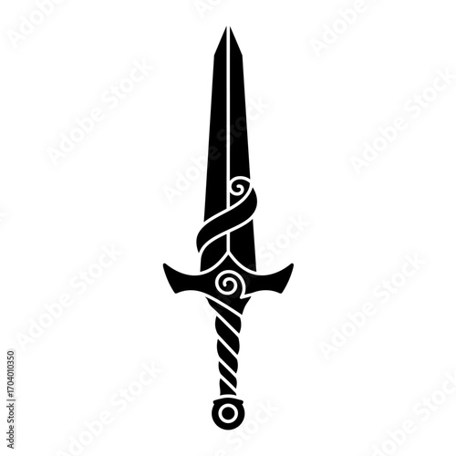 Elegant black silhouette of a mystical medieval sword, intricately designed with swirling patterns on its hilt, evoking ancient power, fantasy realms, and the spirit of valor and heroism