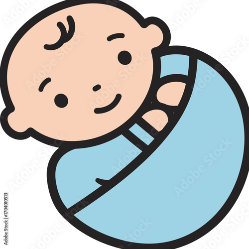 Charming illustration of a happy newborn infant wrapped snugly in a soft blue blanket, radiating innocence and joy, perfect for themes of new beginnings and early childhood