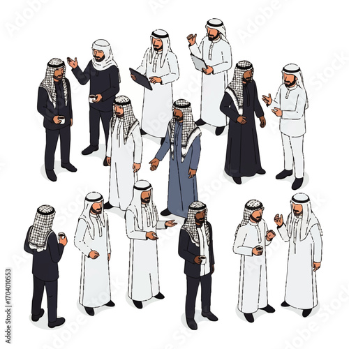 Isometric Group of Arab Men in Traditional Clothing, Diverse Poses