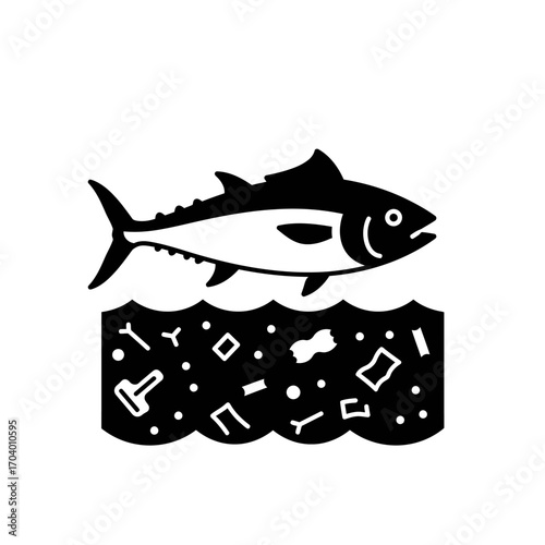 Ocean pollution and its impact on marine life, symbolized by a fish swimming in contaminated waters filled with plastic debris