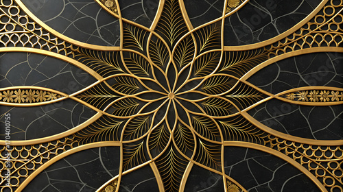 Intricate gold floral pattern on black marble texture