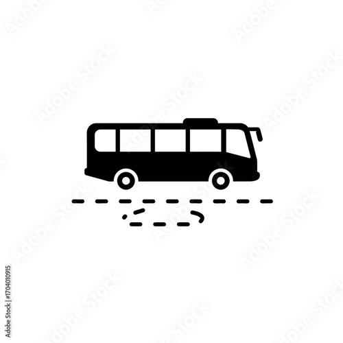 Illustration of a black bus driving on a road with dashed lines, isolated on white background