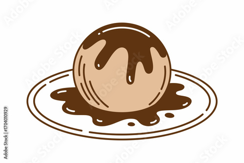 Cartoon Chocolate Ice Cream Scoop Illustration on Plate with Dripping Syrup Delicious Dessert Concept