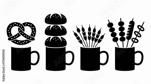 Black and White Culinary Illustration of Various Food Items in Mugs Ready to Serve and Enjoy a Meal