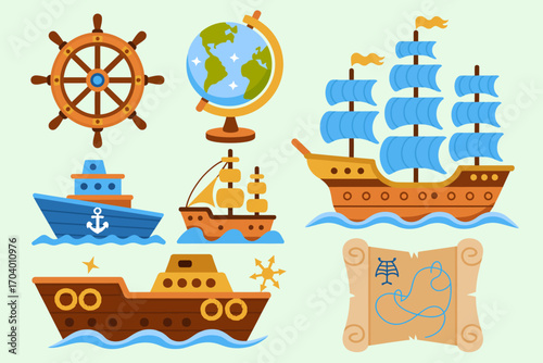 Cartoon Set of Sailing Elements with Ships Globe Steering Wheel and Treasure Map for Kids Adventure Themed Designs