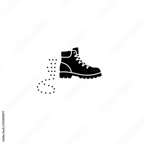Stylized graphic of a rugged hiking boot leaving a dotted trail, symbolizing an adventurous journey, outdoor exploration, and the path of discovery