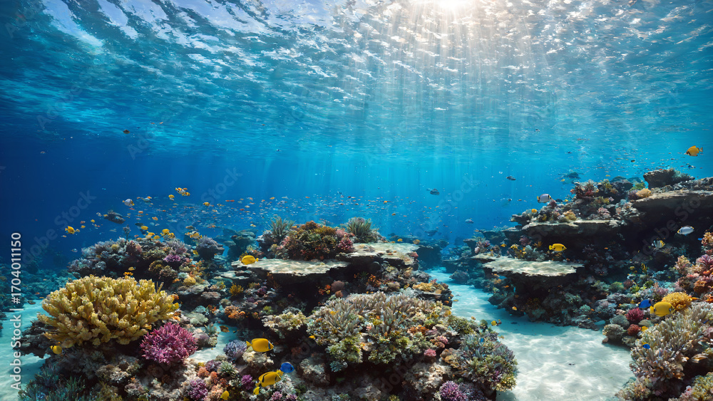 Fototapeta premium Vibrant Coral Reef with School of Fish